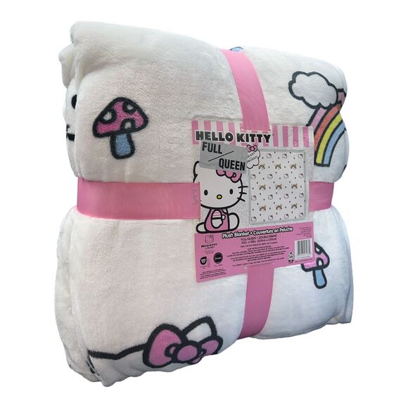 HELLO KITTY Rainbow Mushroom Full/Queen 90 x 90 White Throw Blanket New W tags - Picture 3 of 5